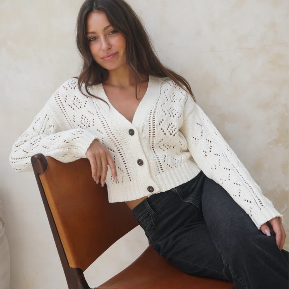 Paneros Diana Pointelle White Crop Cardigan L Cottage Core